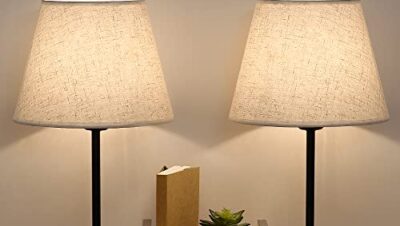 LIANTRAL Nattlampor uppsättning av 2, LED bordslampa skrivbordslampa metallbas & linne lampskärm, modern bordslampa för sovrum, vardagsrum, sovsal