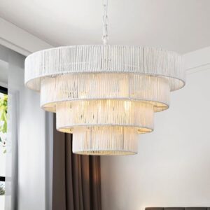 Stor Retro Taklampa: Nostalgisk Elegans för Ditt Hem Schindora Vintage boho hängande lampa, rotting 50 cm handvävd ljuskrona retro taklampa 6-ljus 4 runda övergångs rustik stor naturlig upphängning för kök sovrum vardagsrum hall, vit