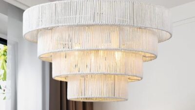 Schindora Vintage boho hängande lampa, rotting 50 cm handvävd ljuskrona retro taklampa 6-ljus 4 runda övergångs rustik stor naturlig upphängning för kök sovrum vardagsrum hall, vit